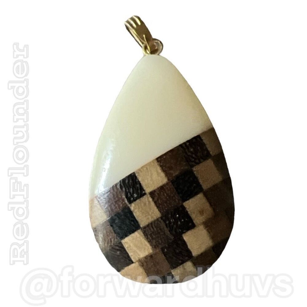 Elegant Teardrop Pendant – Bone and Woven Wood Inlay